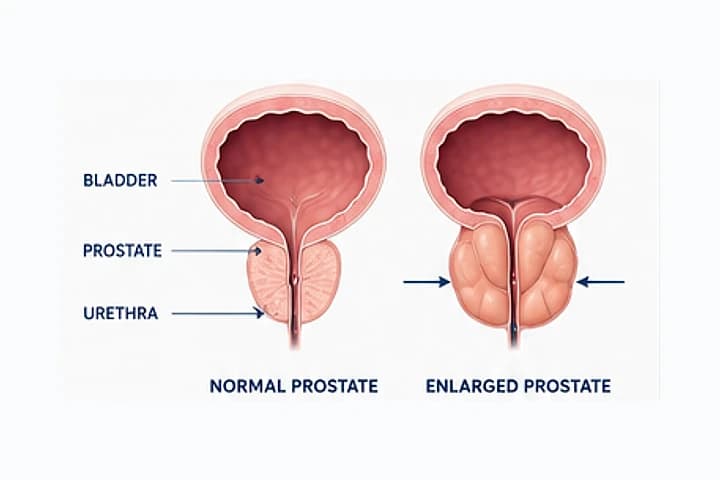 Diagram comparing a normal prostate to an enlarged prostate (BPH), showing the bladder, prostate, and urethra